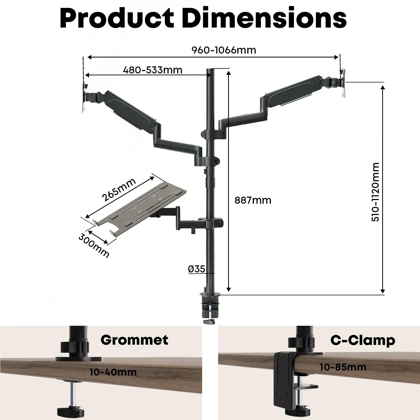 PUTORSEN monitor mount 2 monitors with laptop arm for 17-32 inch screen up to 17" notebook, tiltable swivelling monitor laptop mount desk with clamp PUTORSEN