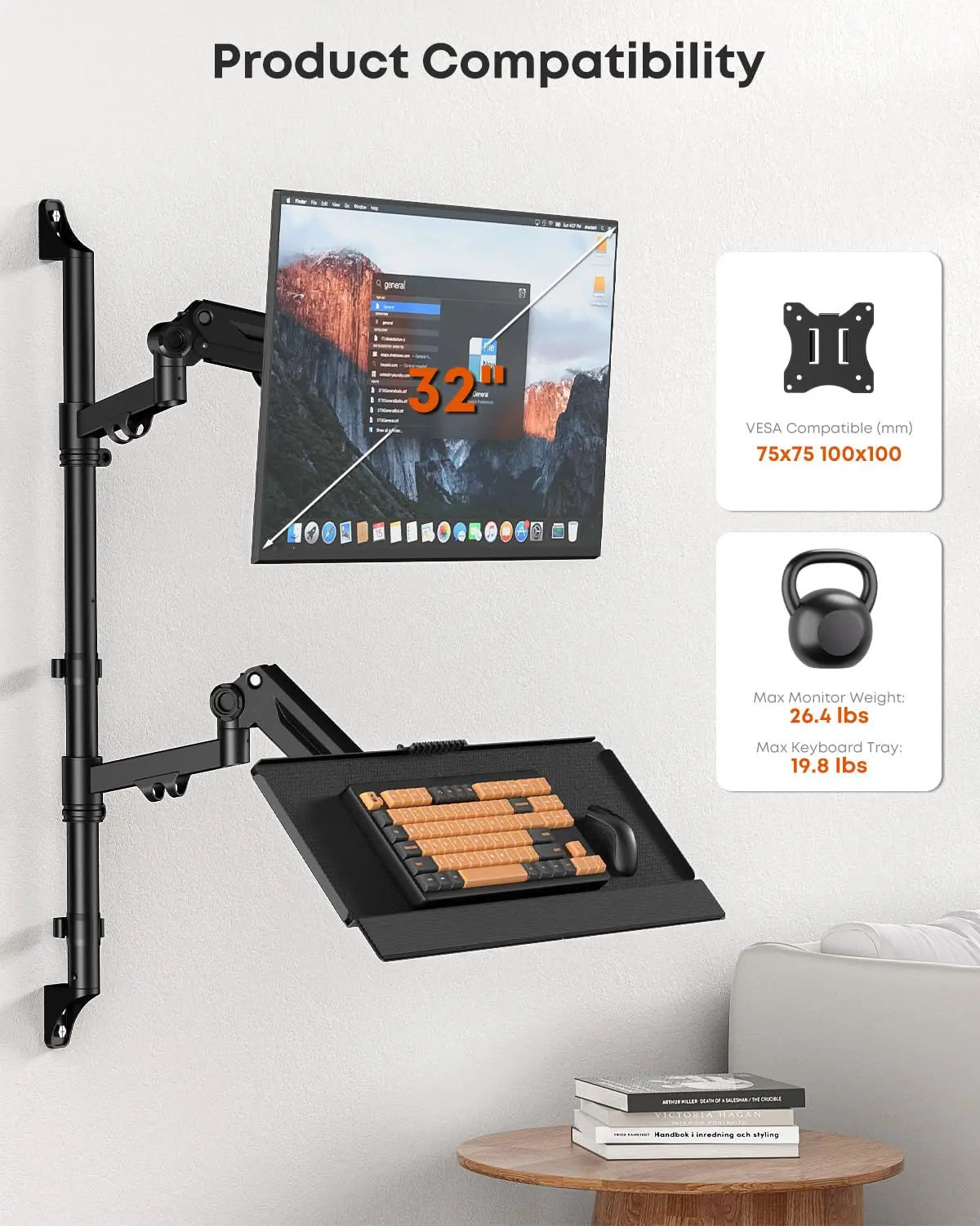 PUTUOSEN Wall Mount Monitor Arm with Keyboard Tray, Fits 17"–32" Screens, Height Adjustable Full-Motion Spring Arm Wall Workstation, Supports Up to 26.4 lbs, VESA 75x75/100x100mm, Black PUTORSEN