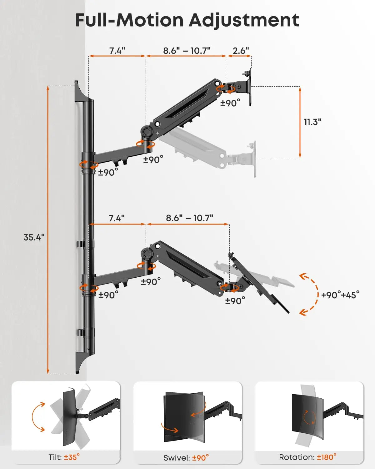 PUTUOSEN Wall Mount Monitor Arm with Keyboard Tray, Fits 17"–32" Screens, Height Adjustable Full-Motion Spring Arm Wall Workstation, Supports Up to 26.4 lbs, VESA 75x75/100x100mm, Black PUTORSEN