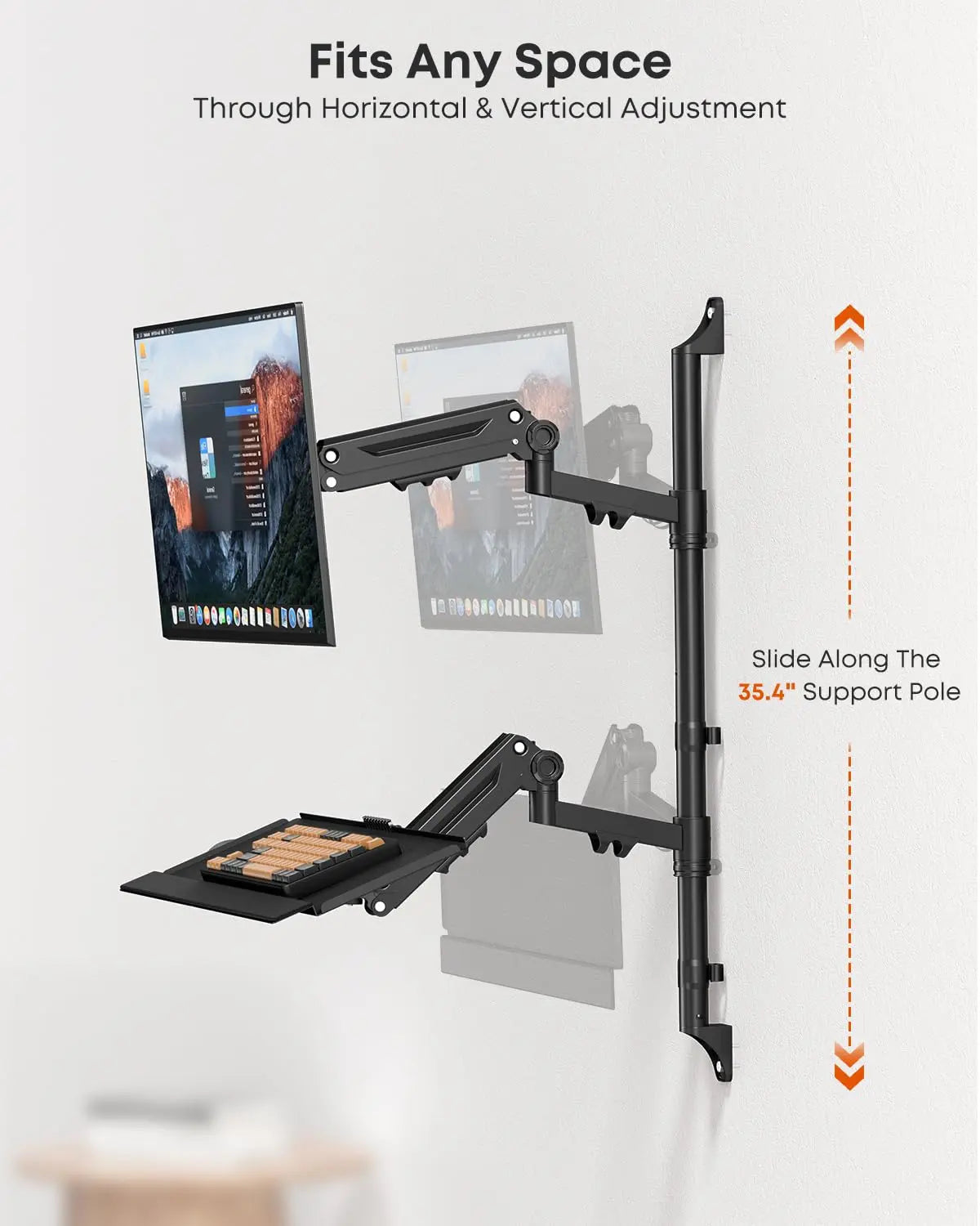 PUTUOSEN Wall Mount Monitor Arm with Keyboard Tray, Fits 17"–32" Screens, Height Adjustable Full-Motion Spring Arm Wall Workstation, Supports Up to 26.4 lbs, VESA 75x75/100x100mm, Black PUTORSEN