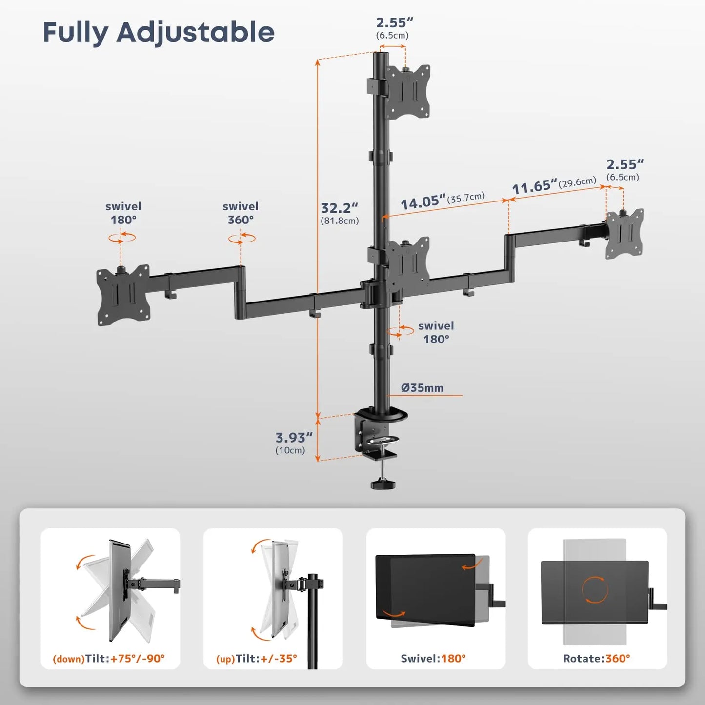 Quad Monitor Mount for 17-27 Inches - Fully Adjustable Heavy Duty 4 Monitor Arm Desk Mount, Max Load 22lbs per Screen, Clamp/Grommet PUTORSEN