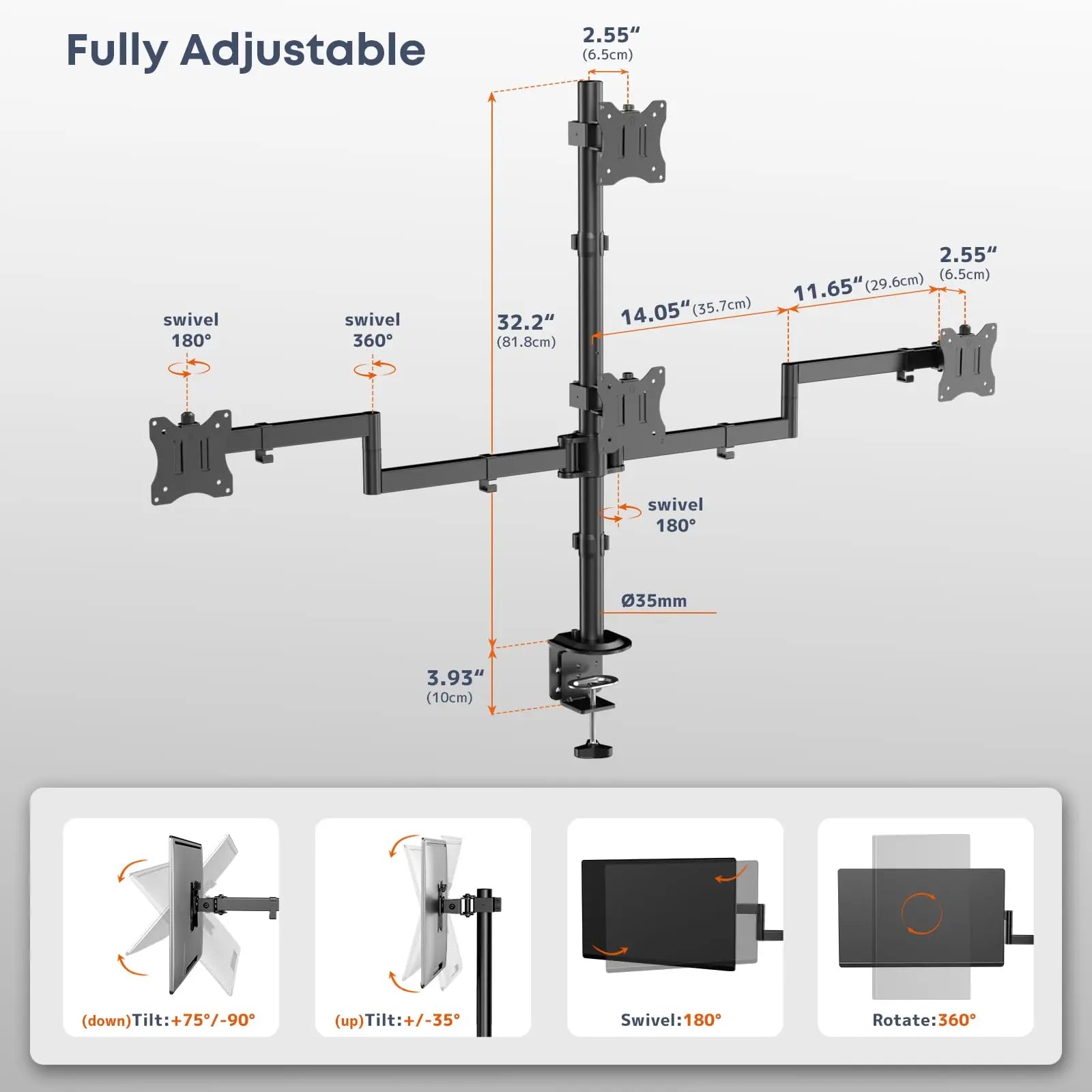 Quad Monitor Mount for 17-27 Inches - Fully Adjustable Heavy Duty 4 Monitor Arm Desk Mount, Max Load 22lbs per Screen, Clamp/Grommet PUTORSEN