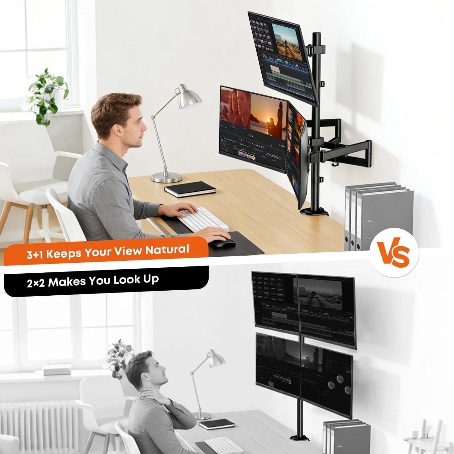 Quad Monitor Mount for 17-27 Inches - Fully Adjustable Heavy Duty 4 Monitor Arm Desk Mount, Max Load 22lbs per Screen, Clamp/Grommet PUTORSEN