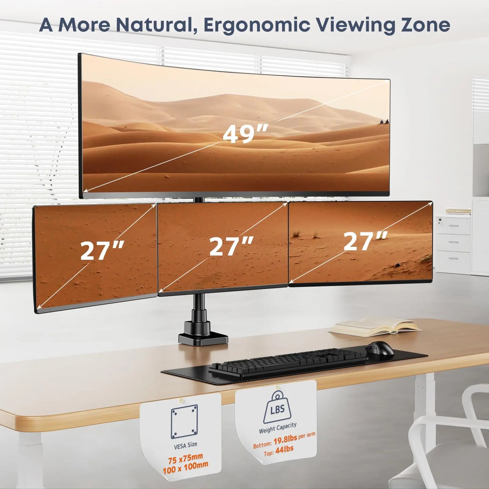 Quad Monitor Mount for up to 49 inch Ultrawides on Top and 27 inch Screens on Lower Brackets,Heavy Duty,Fully Adjustment, Holds up to 44 lbs PUTORSEN