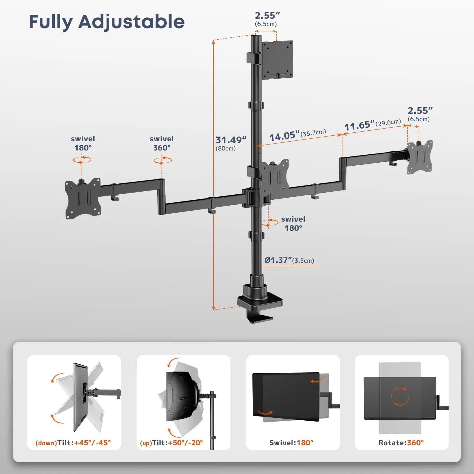 Quad Monitor Mount for up to 49 inch Ultrawides on Top and 27 inch Screens on Lower Brackets,Heavy Duty,Fully Adjustment, Holds up to 44 lbs PUTORSEN