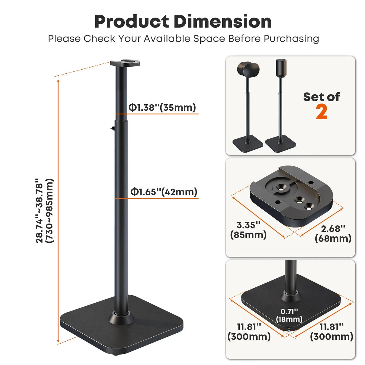 Speaker Stands for Sonos Era 100, 100 SL & Era 300, 2-Pack Wood Base Black Wood Base, Easy Assembly, Cable Management, 29.1–39'' Height Adjustable, 11lbs Max Load Per Stand PUTORSEN