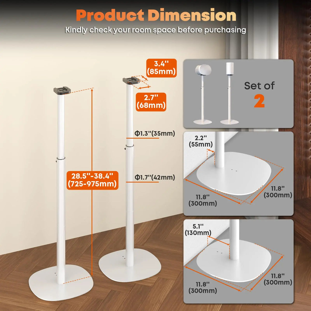 Speaker Stands for Sonos Era 100,100 SL & Era 300, Hidden Cable, 2 Pack Sturdy, Easy Assembly, 29.1–39'' Adjustable Height, Dual Base Mount, 11lbs Max Per Stand, White & Black PUTORSEN