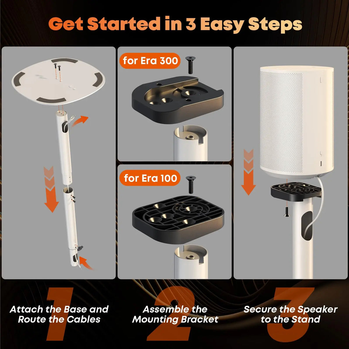 Speaker Stands for Sonos Era 100,100 SL & Era 300, Hidden Cable, 2 Pack Sturdy, Easy Assembly, 29.1–39'' Adjustable Height, Dual Base Mount, 11lbs Max Per Stand, White & Black PUTORSEN