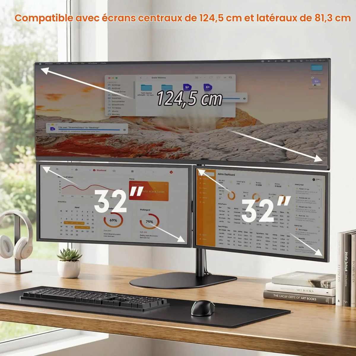 Support Triple Écran pour 49/32 Pouces, VESA 75x75/100x100 mm, charge 20 kg Base lestée stable, sans serrage. Écran central 49" jusqu'à 20 kg, écrans latéraux 32" jusqu'à 10 kg. Acier renforcé, réglages complets, montage facile PUTORSEN