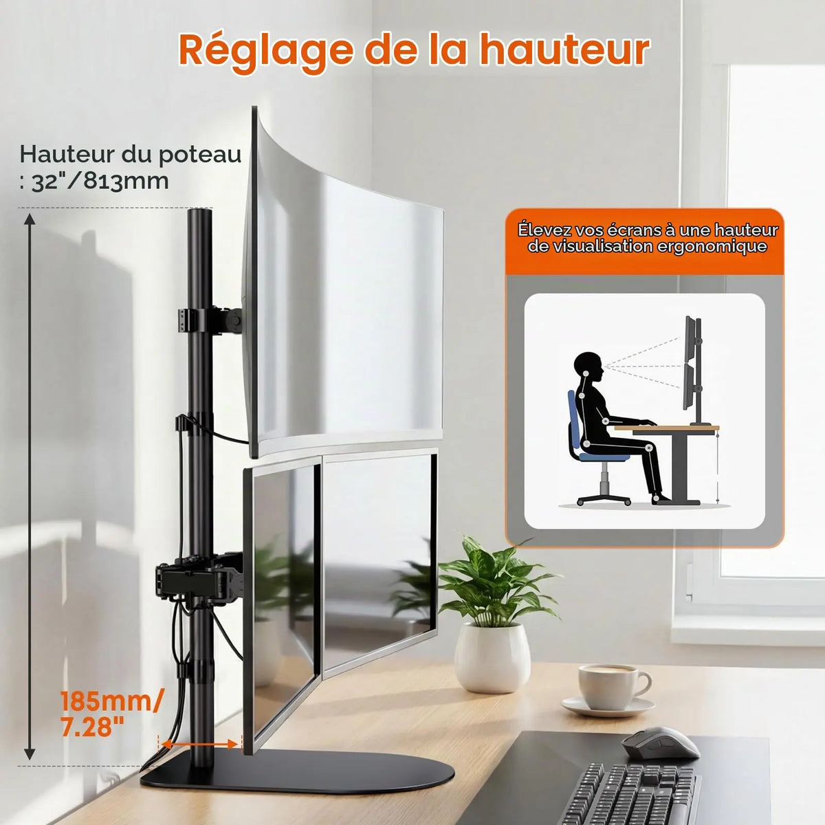 Support Triple Écran pour 49/32 Pouces, VESA 75x75/100x100 mm, charge 20 kg Base lestée stable, sans serrage. Écran central 49" jusqu'à 20 kg, écrans latéraux 32" jusqu'à 10 kg. Acier renforcé, réglages complets, montage facile PUTORSEN