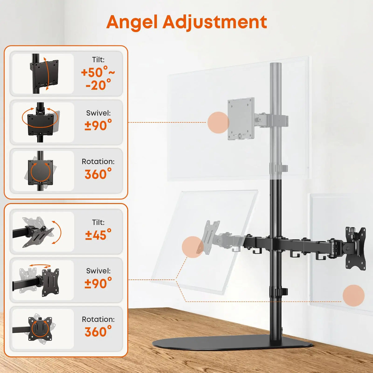 Support Triple Écran pour 49/32 Pouces, VESA 75x75/100x100 mm, charge 20 kg Base lestée stable, sans serrage. Écran central 49" jusqu'à 20 kg, écrans latéraux 32" jusqu'à 10 kg. Acier renforcé, réglages complets, montage facile PUTORSEN