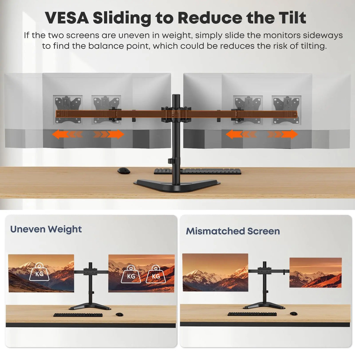 Support double écran 17–40", réglage fin 40 mm, 9 kg par bras, bras coulissant VESA avec socle autonome, VESA 75x75/100x100 mm PUTORSEN