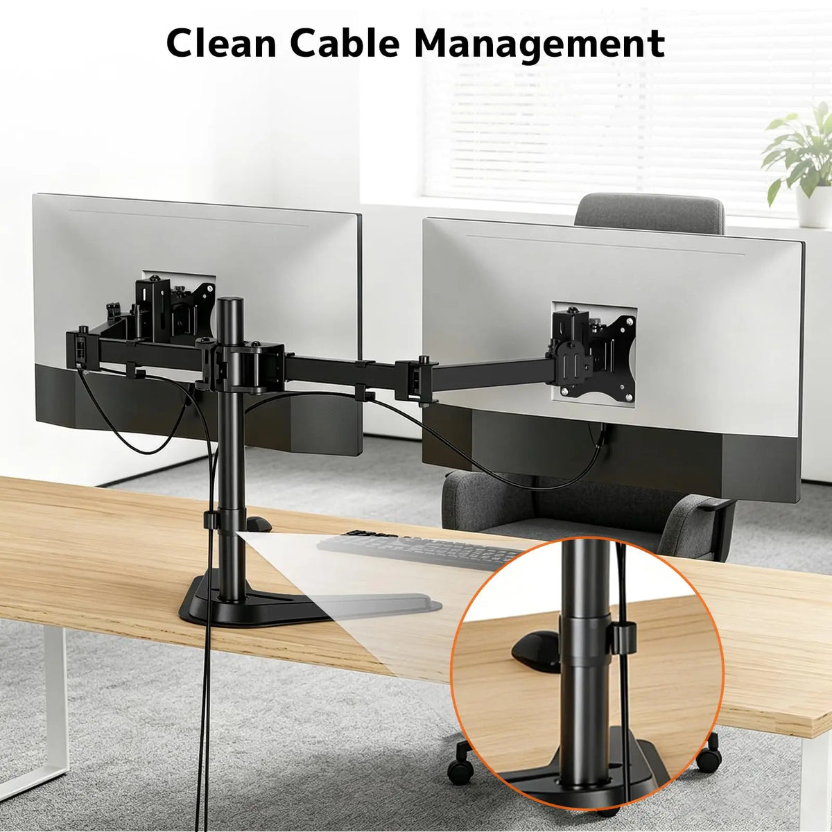 Support double écran 17–40", réglage fin 40 mm, 9 kg par bras, bras coulissant VESA avec socle autonome, VESA 75x75/100x100 mm PUTORSEN