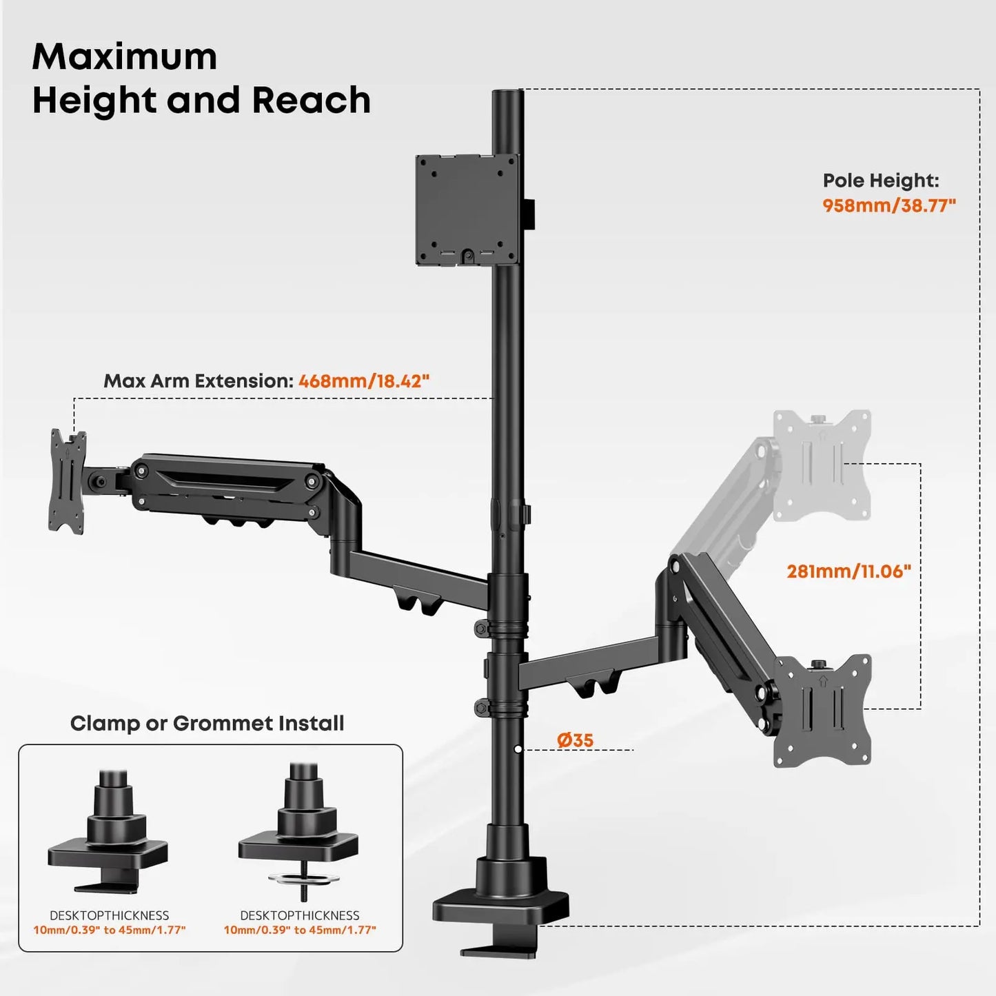 Triple Monitor Mount up to 49 inches,Heavy Duty 3 Monitor Desk Mount with Gas Spring, Fully Adjustable Triple Monitor Stand,C-Clamp & Grommet Base, Holds 44 lbs PUTORSEN