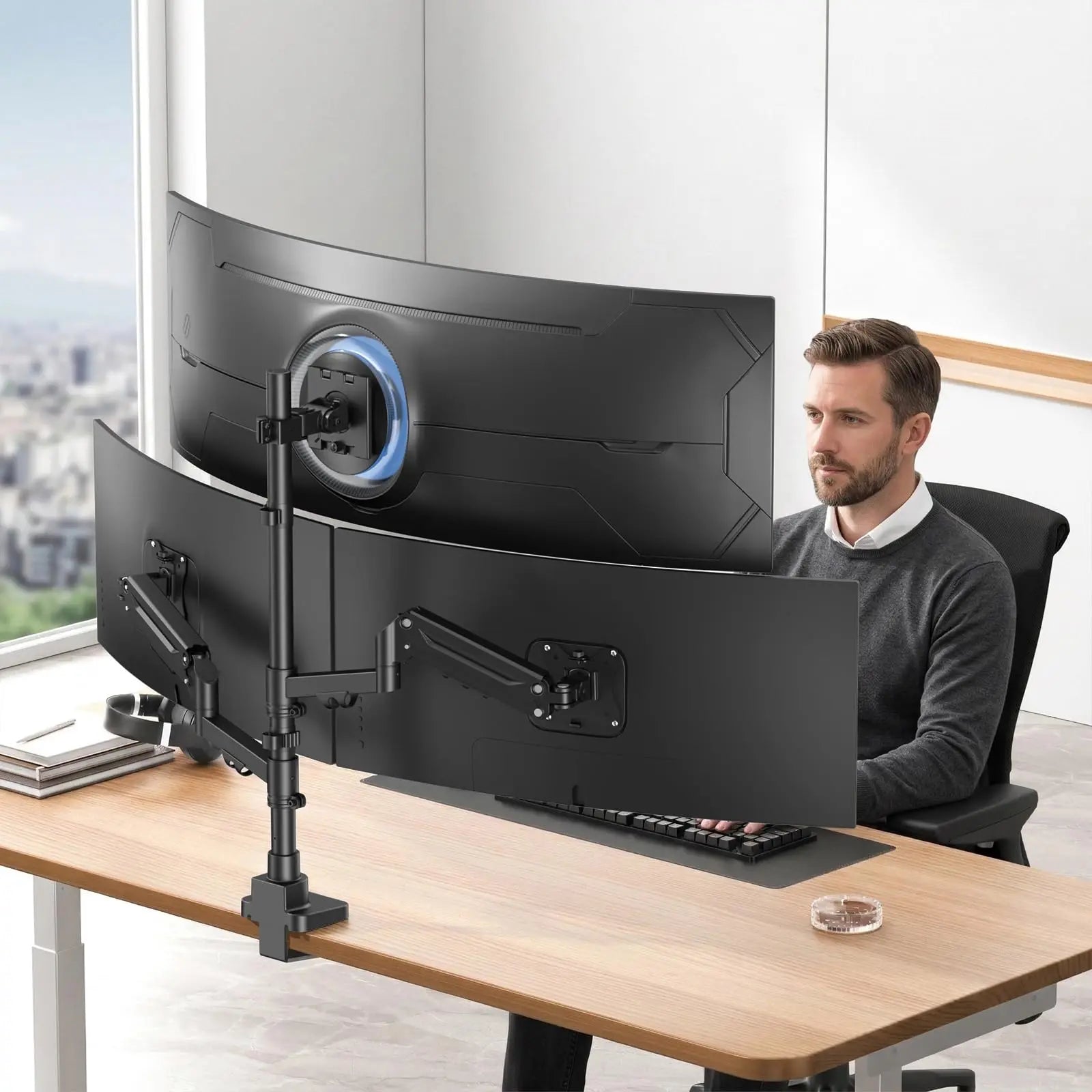Triple Monitor Mount up to 49 inches,Heavy Duty 3 Monitor Desk Mount with Gas Spring, Fully Adjustable Triple Monitor Stand,C-Clamp & Grommet Base, Holds 44 lbs PUTORSEN