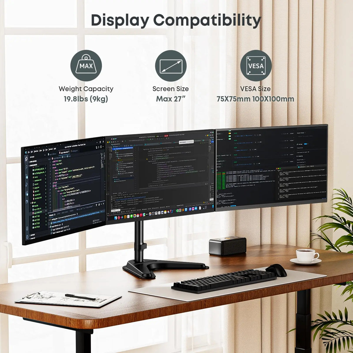 Triple Monitor Stand, Freestanding for 3 Screens up to 27", Heavy-Duty Fully Adjustable, Weighted Base, Cable Management, 22 lbs Per Arm Capacity, Black PUTORSEN