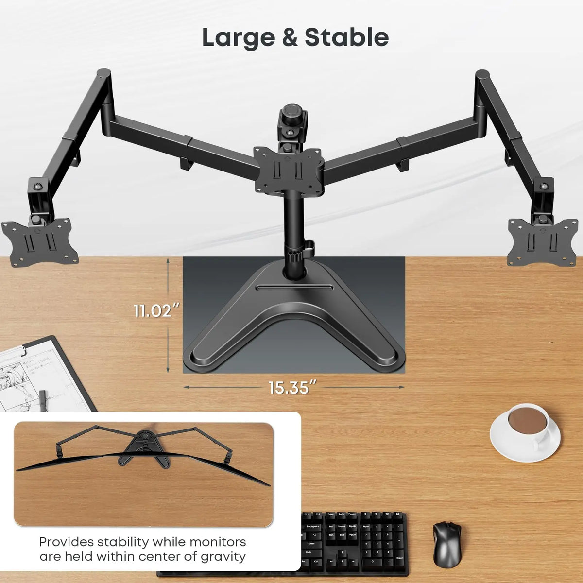 Triple Monitor Stand, Freestanding for 3 Screens up to 27", Heavy-Duty Fully Adjustable, Weighted Base, Cable Management, 22 lbs Per Arm Capacity, Black PUTORSEN