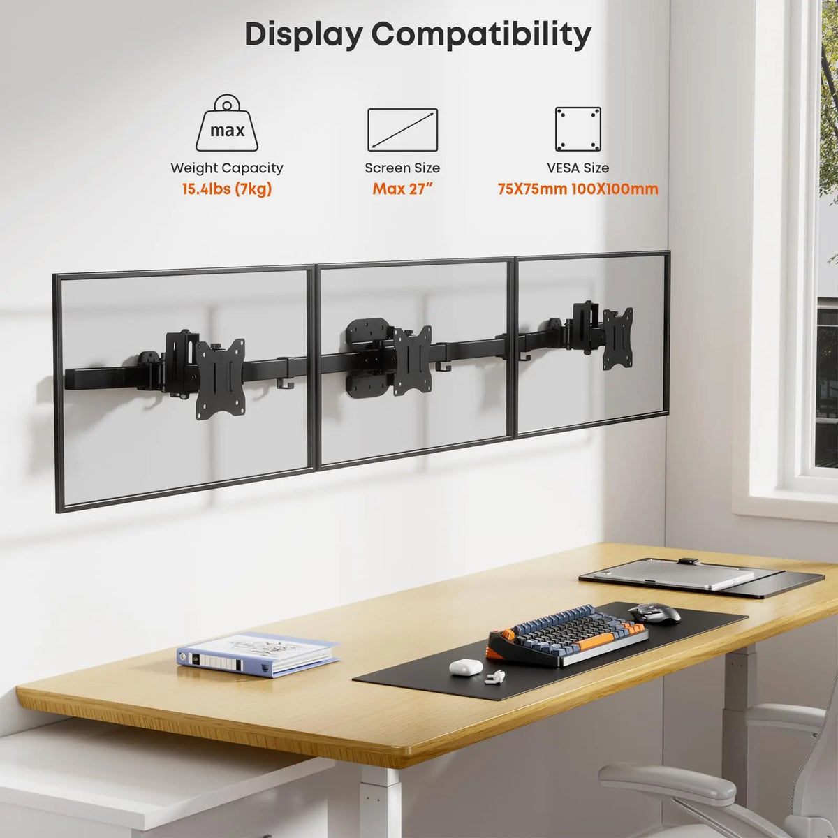 Triple Monitor Wall Mount for 17"–27" Screens, Full Ergonomic Adjustment, Flush Wall Installation, Swivel, Tilt & Rotate, Heavy-Duty Steel Construction, Built-in Cable Management, 15.4 lbs Max Per Arm, VESA 75x75/100x100mm, Black PUTORSEN