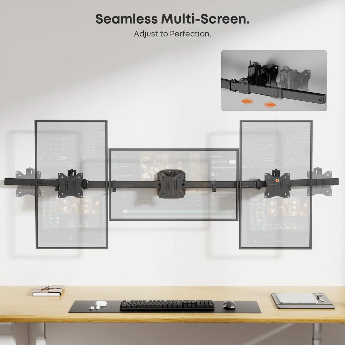 Triple Monitor Wall Mount for 17"–27" Screens, Full Ergonomic Adjustment, Flush Wall Installation, Swivel, Tilt & Rotate, Heavy-Duty Steel Construction, Built-in Cable Management, 15.4 lbs Max Per Arm, VESA 75x75/100x100mm, Black PUTORSEN