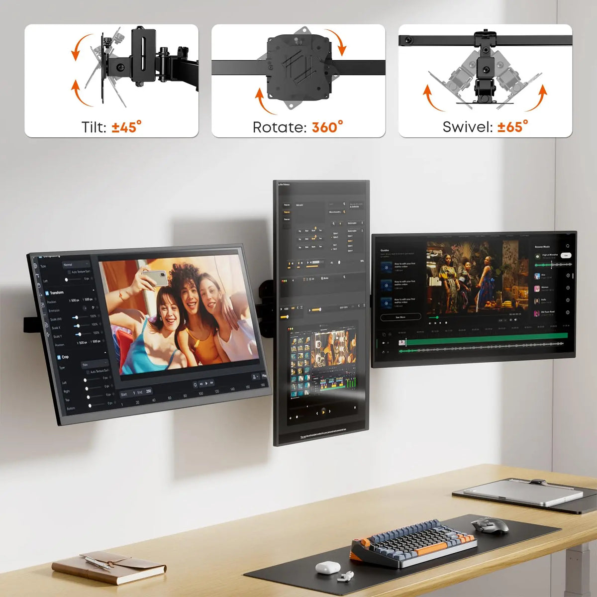 Triple Monitor Wall Mount for 17"–27" Screens, Full Ergonomic Adjustment, Flush Wall Installation, Swivel, Tilt & Rotate, Heavy-Duty Steel Construction, Built-in Cable Management, 15.4 lbs Max Per Arm, VESA 75x75/100x100mm, Black PUTORSEN