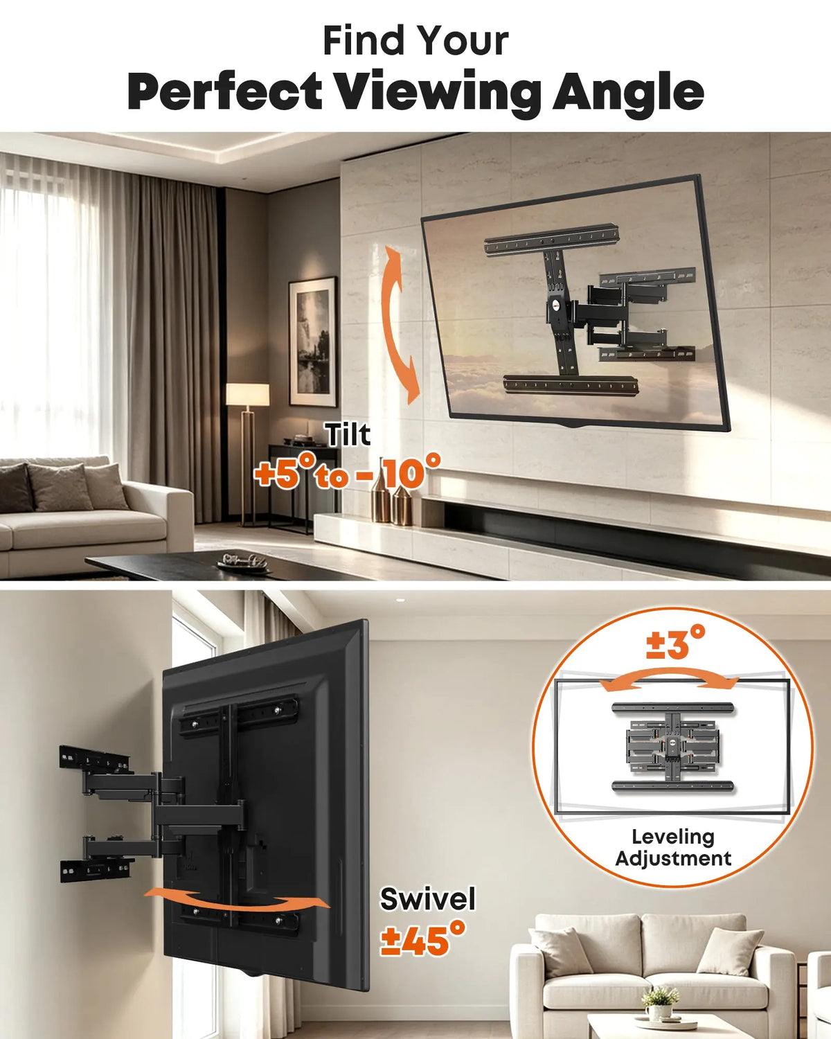 Ultra Slim Full Motion TV Wall Mount for 32-90", Swivel & Tilt, 0.9" Low Profile, Holds 110 lbs, Max VESA 600x400mm, Fits 16" Studs PUTORSEN