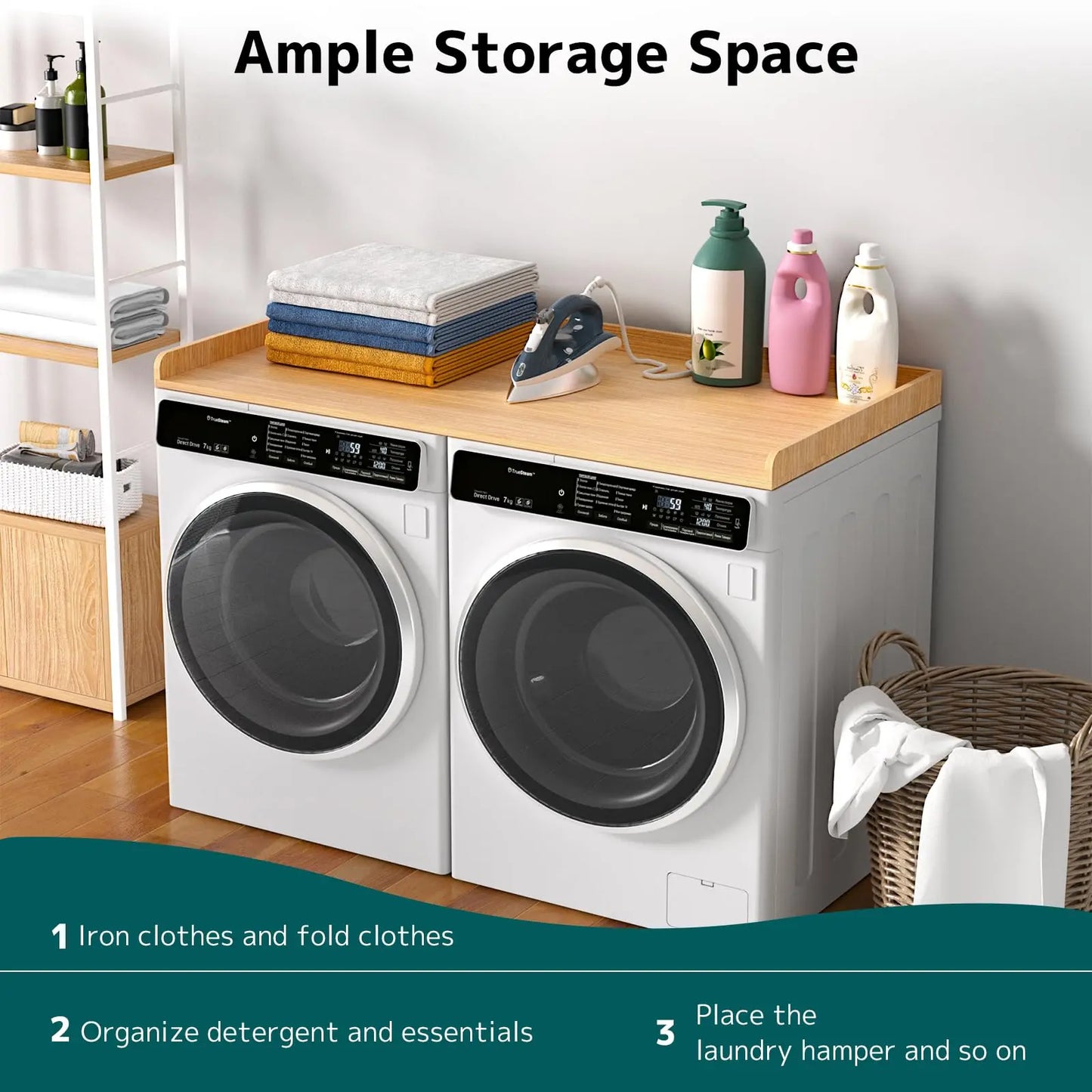 Washer Dryer Countertop 54''W x 27.5" D - Wood Laundry Countertop with Edge Rails, Space-Saving Washer Dryer Topper for Laundry Room Organization and Storage, MDF, Light Wood PUTORSEN