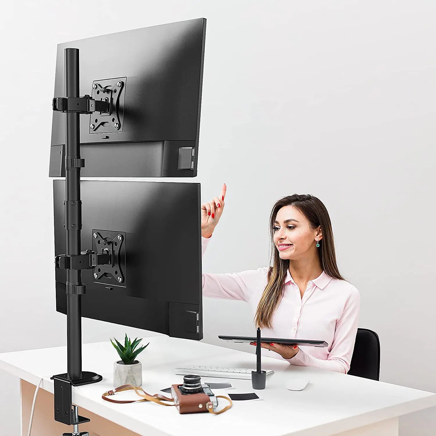 Dual Monitor Stand, Heavy Duty Vertical Stack Monitor Mount for 2 Screens Up to 32", Extra Tall 31.6" Pole Monitor Desk Mount, VESA 75x75/100x100, with C Clamp/Grommet Base, Black PUTORSEN