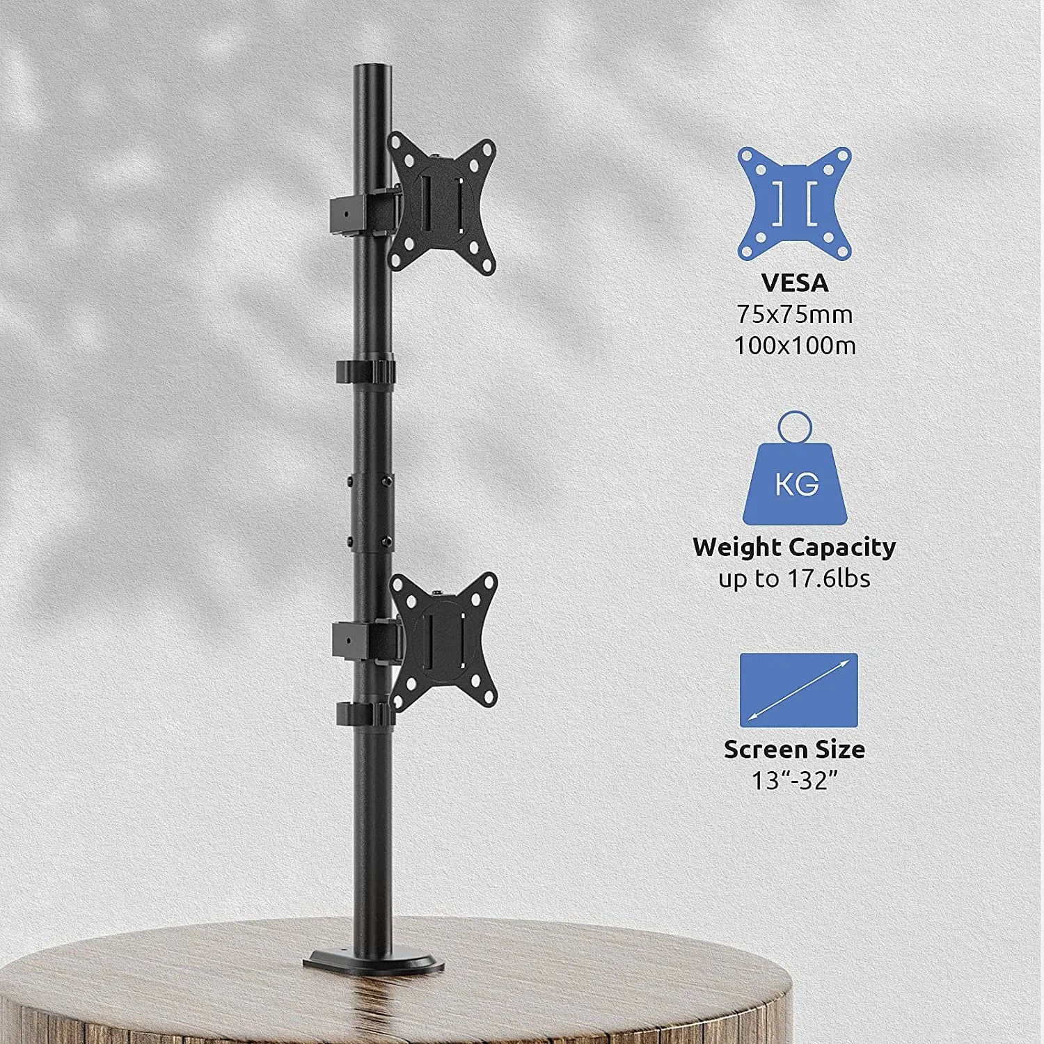 Dual Monitor Stand, Heavy Duty Vertical Stack Monitor Mount for 2 Screens Up to 32", Extra Tall 31.6" Pole Monitor Desk Mount, VESA 75x75/100x100, with C Clamp/Grommet Base, Black PUTORSEN