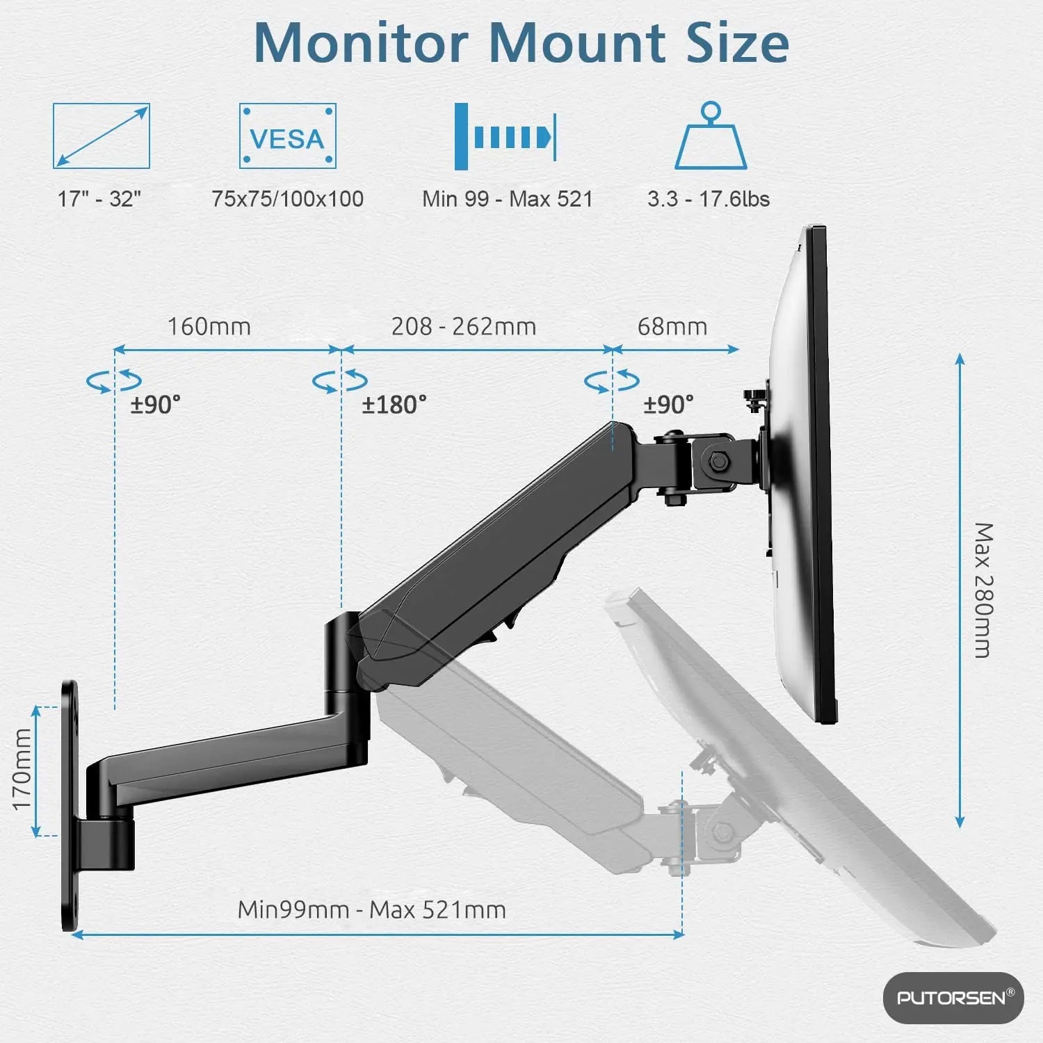 Monitor Arm Wall Mount for Most 17 to 27 Inch Monitors and Small TV PUTORSEN