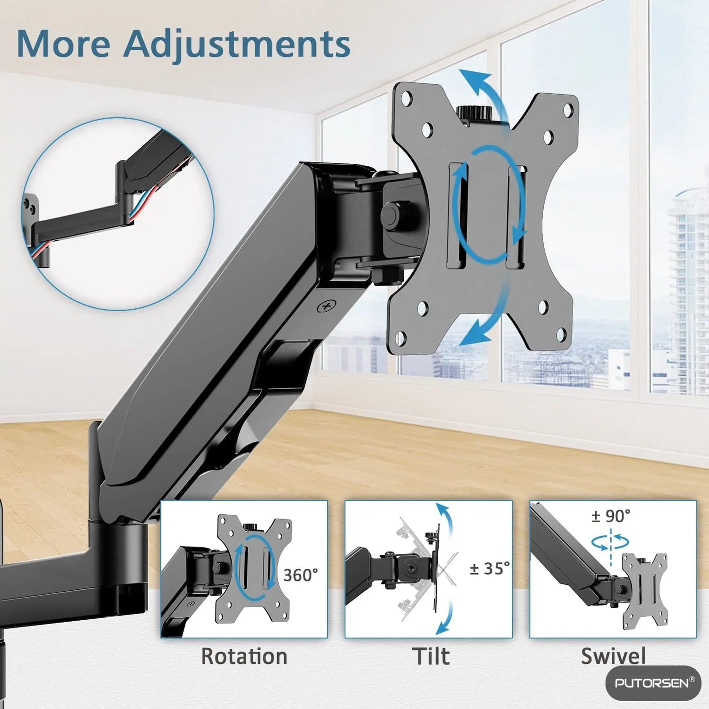 Monitor Arm Wall Mount for Most 17 to 27 Inch Monitors and Small TV PUTORSEN