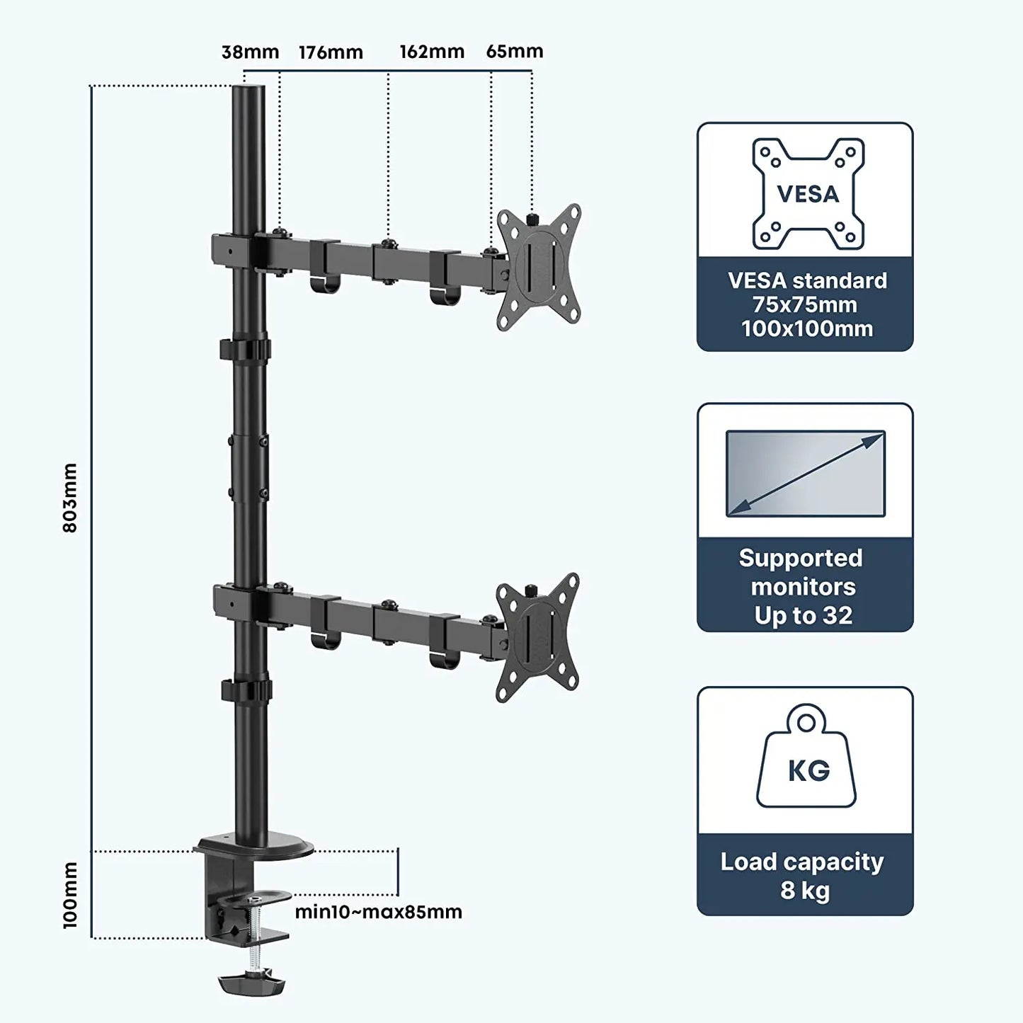 Monitor Mount 2 Monitors Vertical (80cm Bar) Bar height adjustable for 17"-32" inch screens VESA 75/100 8 kg Load capacity PUTORSEN