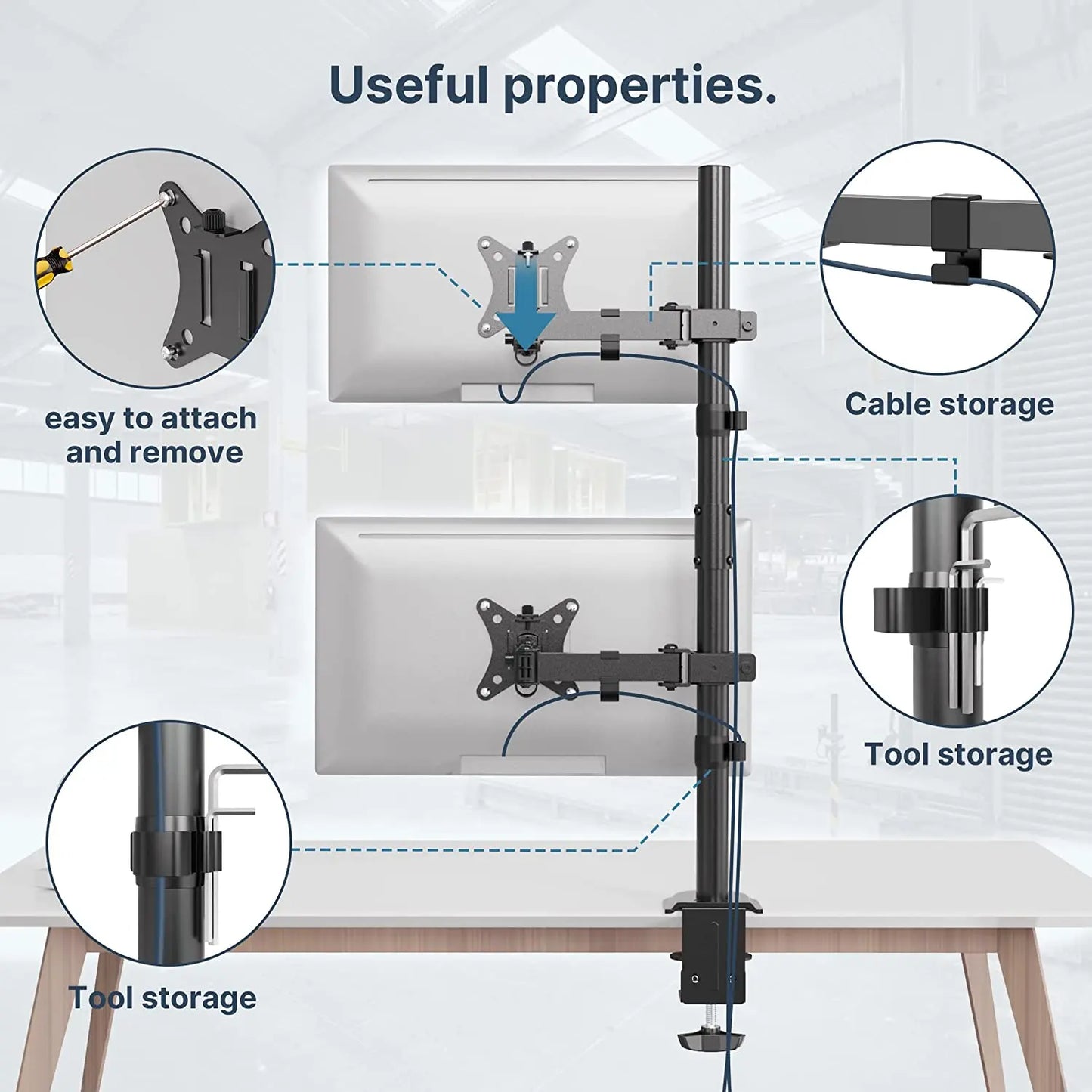 Monitor Mount 2 Monitors Vertical (80cm Bar) Bar height adjustable for 17"-32" inch screens VESA 75/100 8 kg Load capacity PUTORSEN