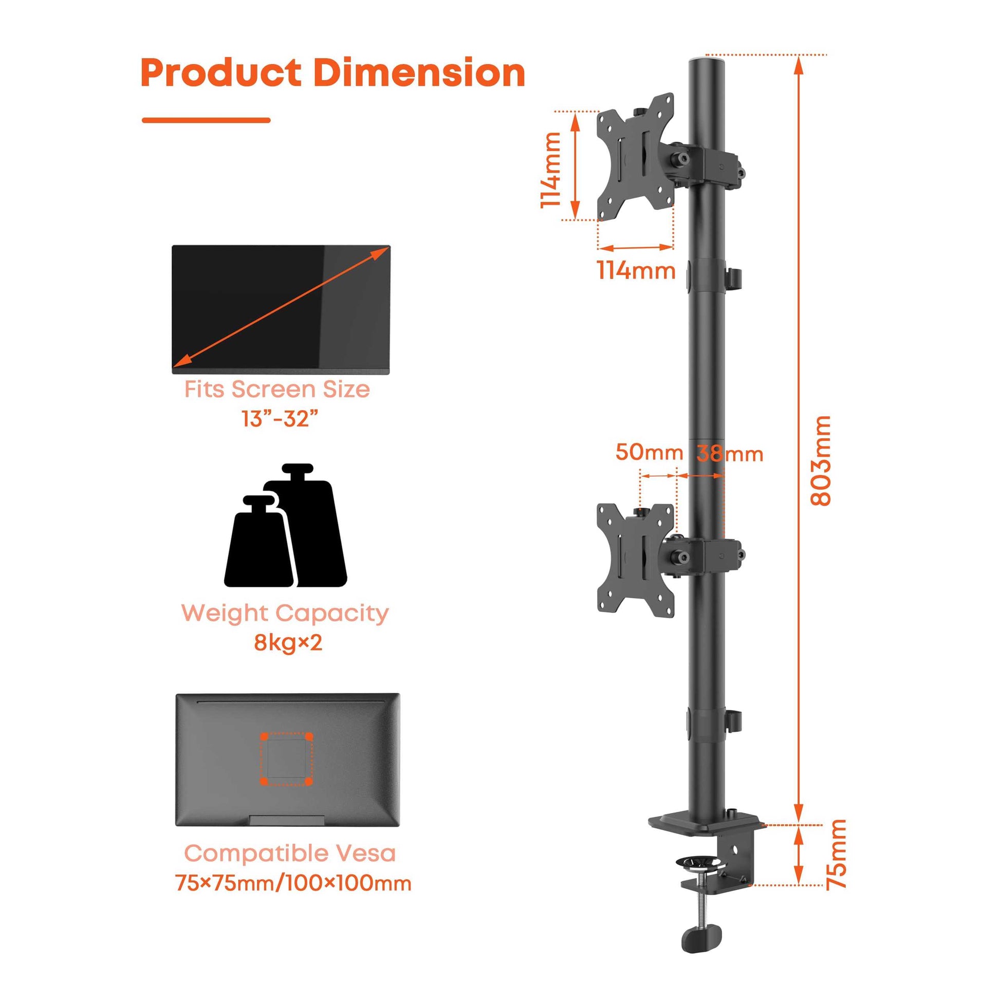 Dual-Monitoarm - Vollbewegliche Halterung für VESA Bildschirme bis 32  (8kg) - Vertikal Stapelbare Arme - Höhenverstellbar/Gelenkig - Tischklemme  oder