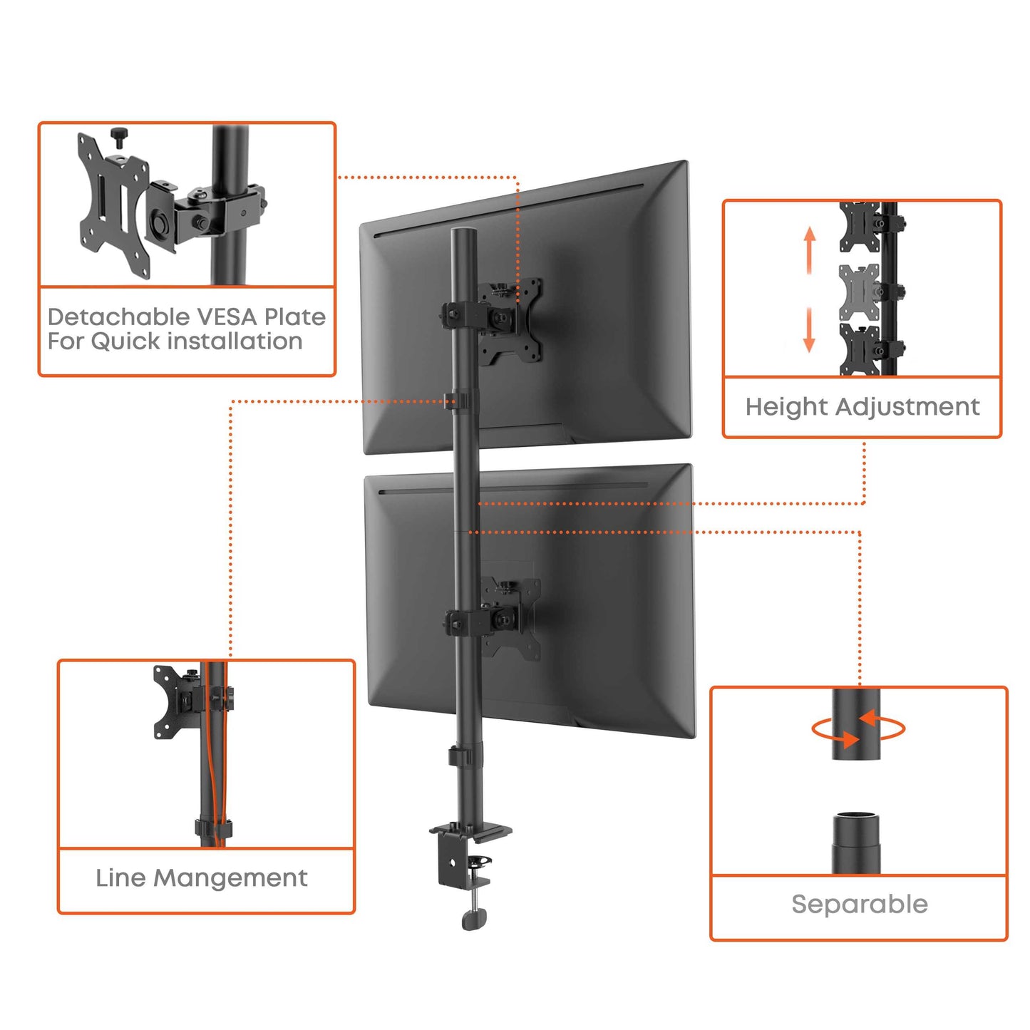 PUTORSEN ®Monitor Halterung 2 Monitore, Vertikale Doppelmonitorhalterung für 13-32-Zoll-LCD-LED-Bildschirme, 2 Montageoptionen, VESA 75x75-100x100mm, Schwarz PUTORSEN