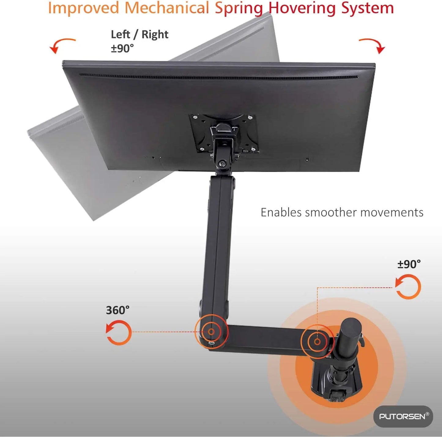 PUTORSEN® PC Monitor Arm - Aluminum Ergonomic Height-Assisted Full Motion Heavy Duty Single Arm PUTORSEN