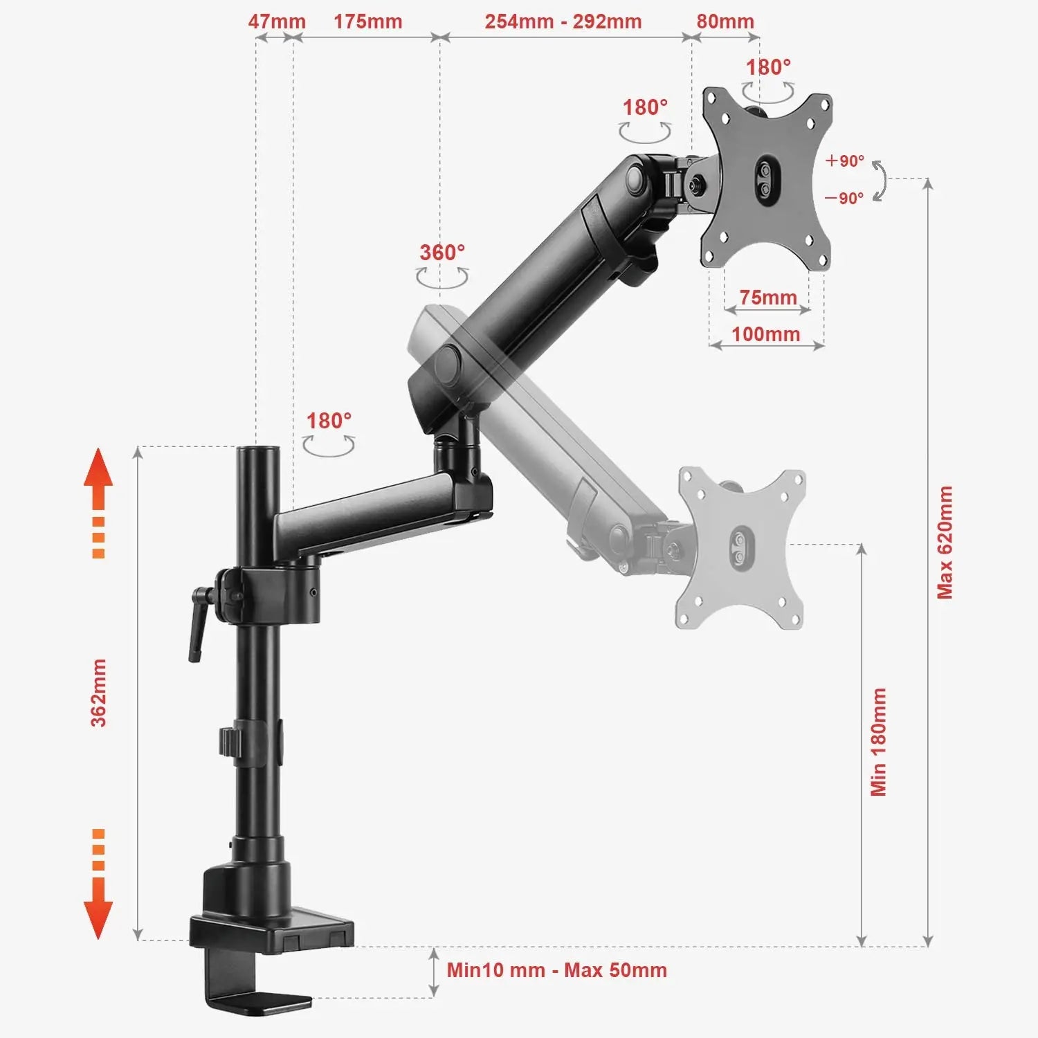 PUTORSEN® PC Monitor Arm - Aluminum Ergonomic Height-Assisted Full Motion Heavy Duty Single Arm PUTORSEN