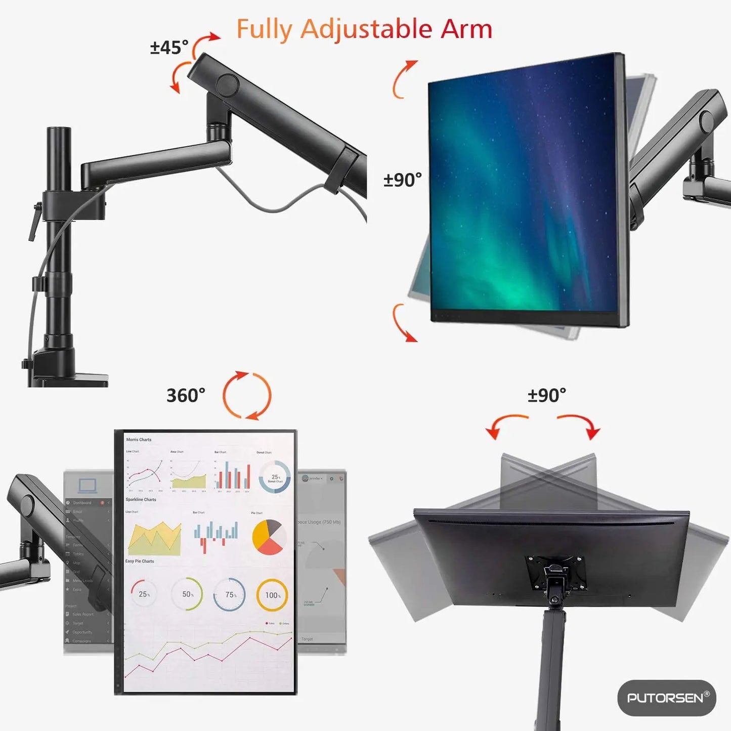 PUTORSEN® PC Monitor Arm - Aluminum Ergonomic Height-Assisted Full Motion Heavy Duty Single Arm PUTORSEN