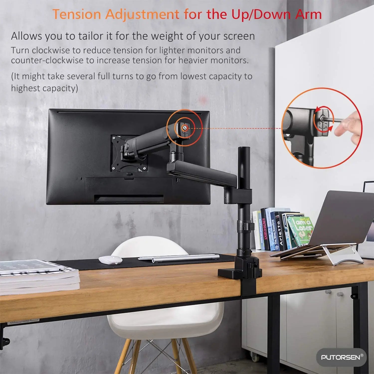PUTORSEN® PC Monitor Arm - Aluminum Ergonomic Height-Assisted Full Motion Heavy Duty Single Arm PUTORSEN