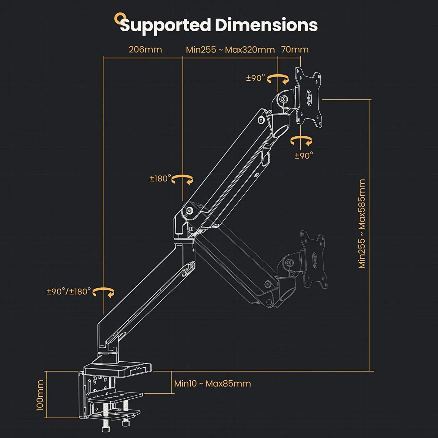 PUTORSEN® PC Monitor Arm - Heavy Duty Aluminum Ergonomic Gas-Assisted Full Motion Single Arm PUTORSEN