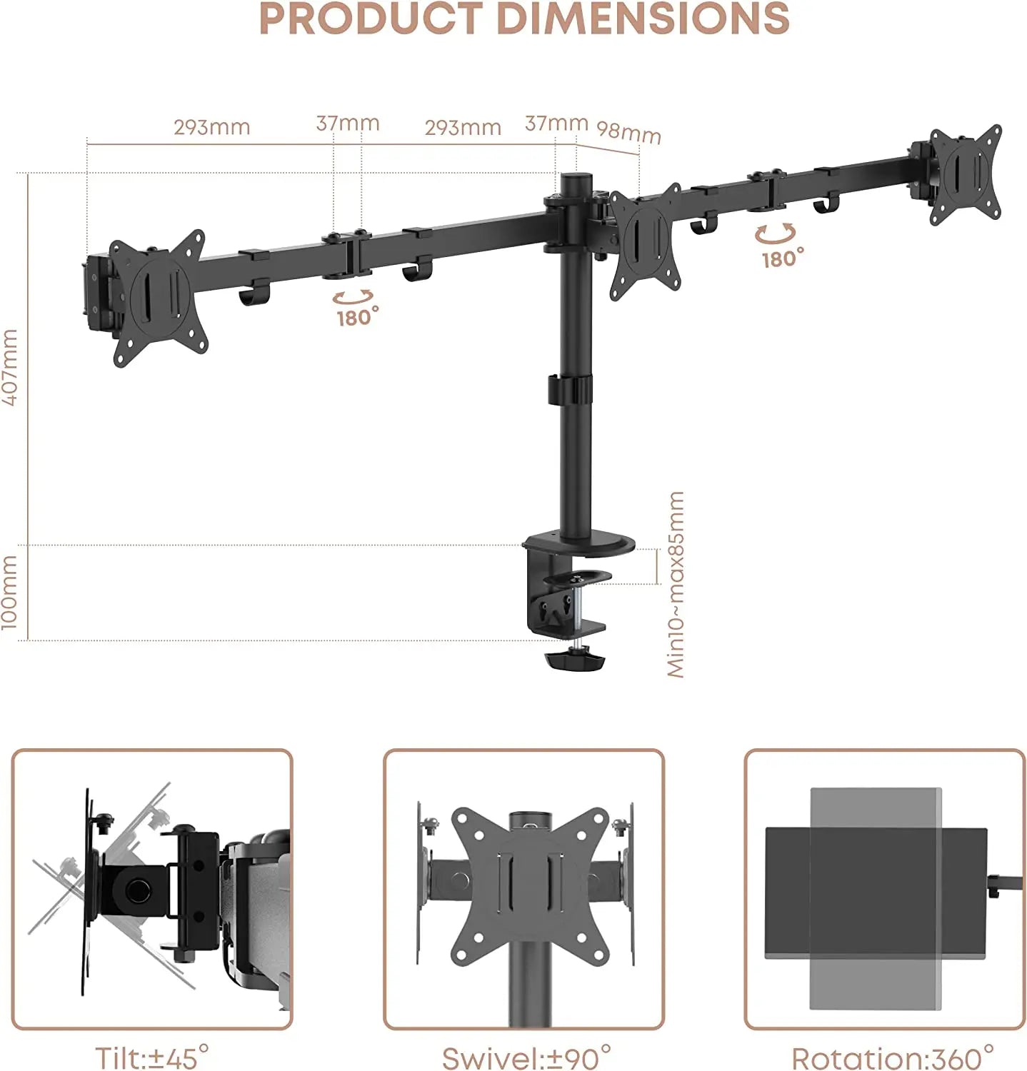 PUTORSEN® Triple Monitor Mount VESA Stand for 3 Screens, Fits Most 17 to 24 inch LCD, LED, up to 15.4lbs Weight Cpacity per Screen, Fully Adjustable Tilt, Swivel, Rotation, Two Mounting Options, Black PUTORSEN