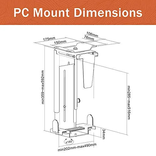 PUTORSEN® Under Desk PC CPU Holder, Height Adjustable Computer Tower Case Mount Bracket, 360-degree Swivel, Load weight 10KG PUTORSEN