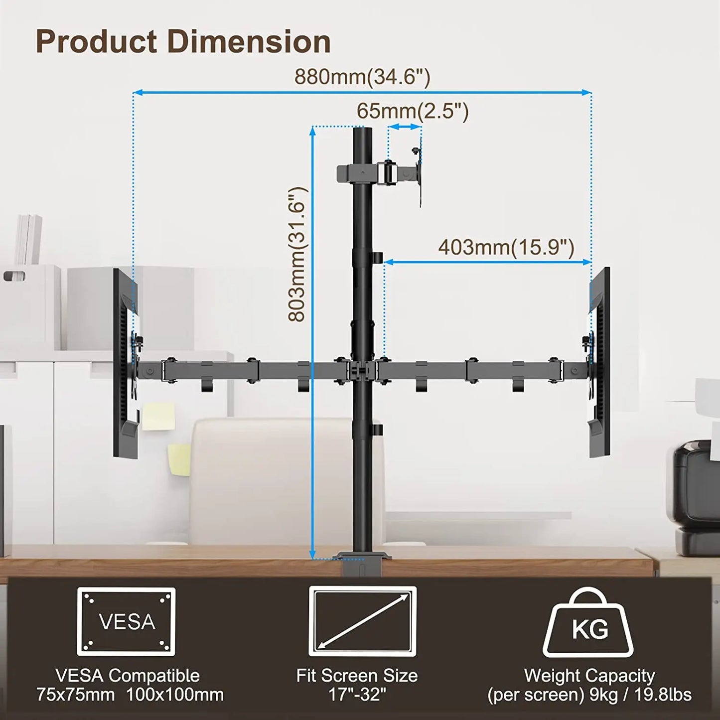 PUTORSEN®Monitor Halterung 3 Monitore für 17-32 Zoll Flach & Curved Bildschirm, 80cm Stange Monitor Tischhalterung Schwenkbar Neigbar Höhenverstellbar, 9 kg pro Arm, VESA 75x75/100x100, Schwarz PUTORSEN