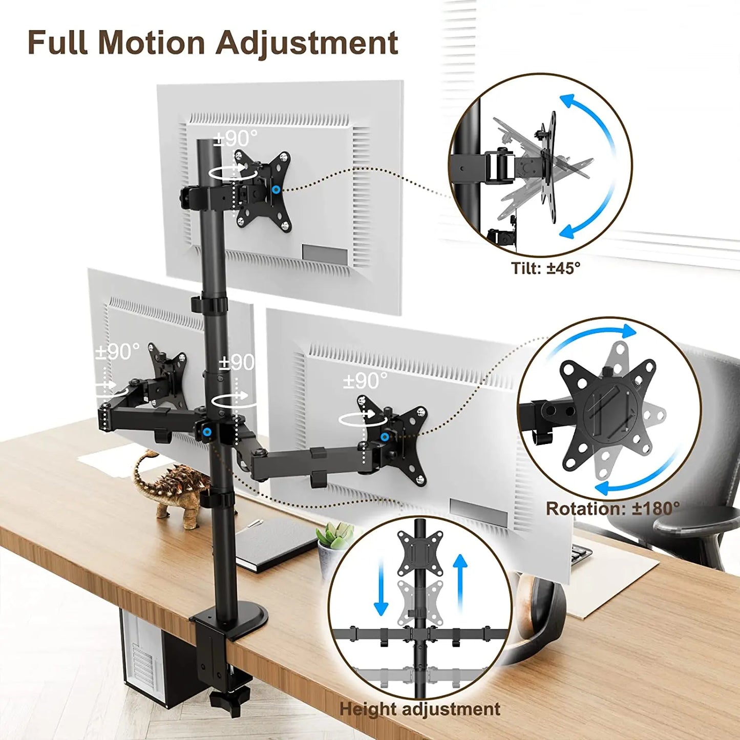 PUTORSEN®Monitor Halterung 3 Monitore für 17-32 Zoll Flach & Curved Bildschirm, 80cm Stange Monitor Tischhalterung Schwenkbar Neigbar Höhenverstellbar, 9 kg pro Arm, VESA 75x75/100x100, Schwarz PUTORSEN