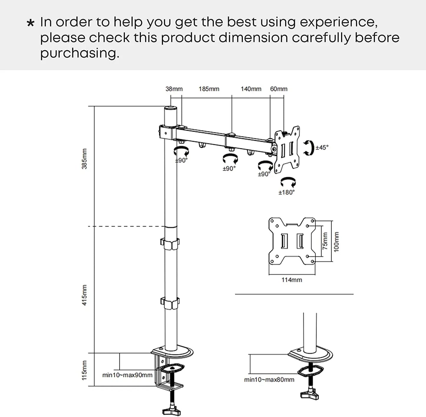 PUTORSEN®Monitor Halterung Für 13-27 Zoll Bildschirme, 80cm Stange Monitor Tischhalterung für 1 Monitor Neigbar Höhenverstellbar Schwenkbar, 8 kg pro Arm, VESA 75x75/100x100mm, Schwarz PUTORSEN