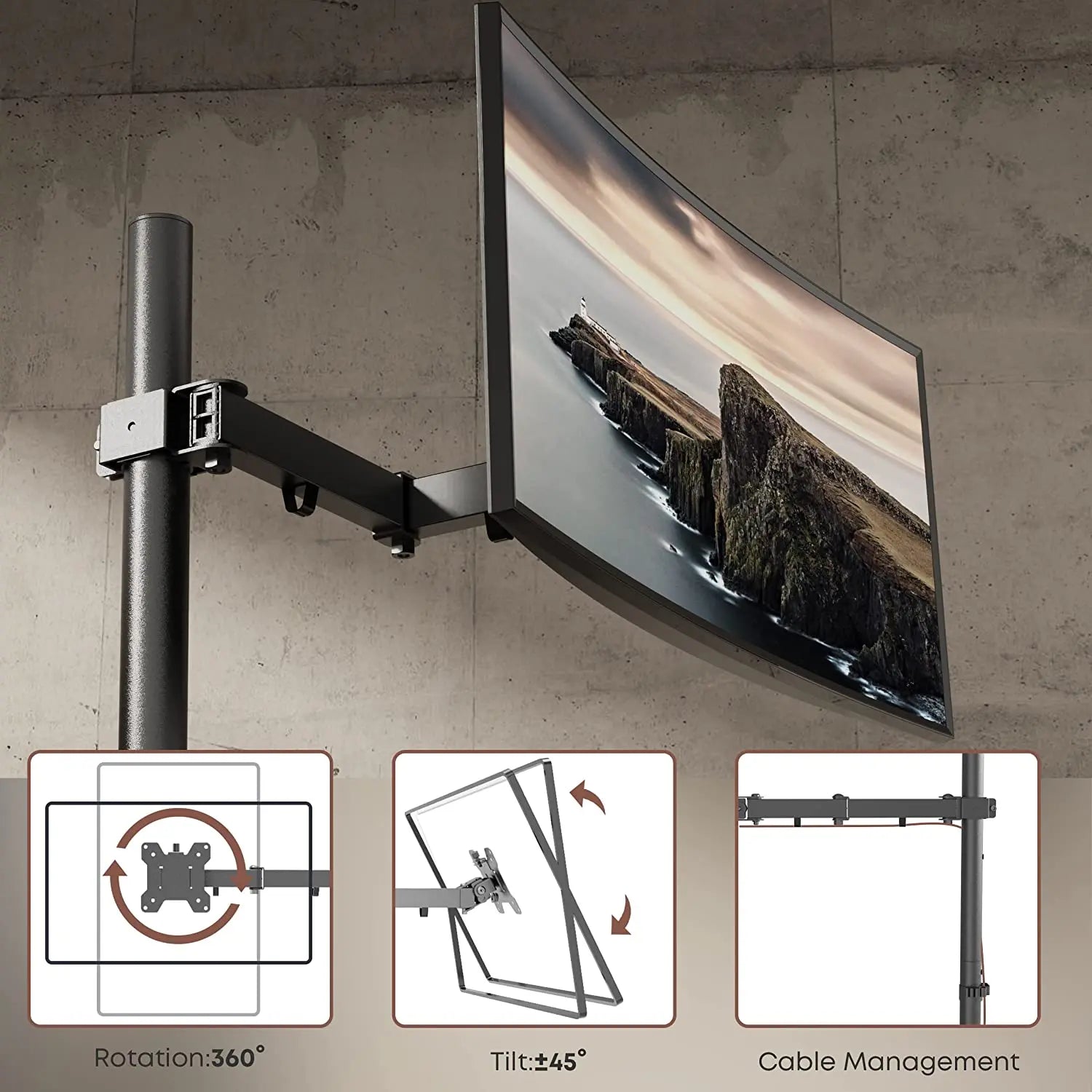 PUTORSEN®Monitor Halterung Für 13-27 Zoll Bildschirme, 80cm Stange Monitor Tischhalterung für 1 Monitor Neigbar Höhenverstellbar Schwenkbar, 8 kg pro Arm, VESA 75x75/100x100mm, Schwarz PUTORSEN