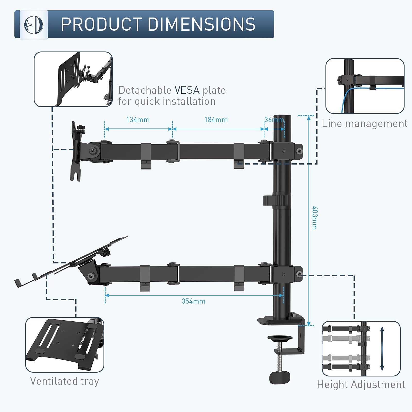PUTORSEN®Monitor Mount with Laptop Arm for 13-27 Inch LCD LED Screen and 13-17" Notebook, 2 Mounting Options, VESA 75/100 mm, Black PUTORSEN