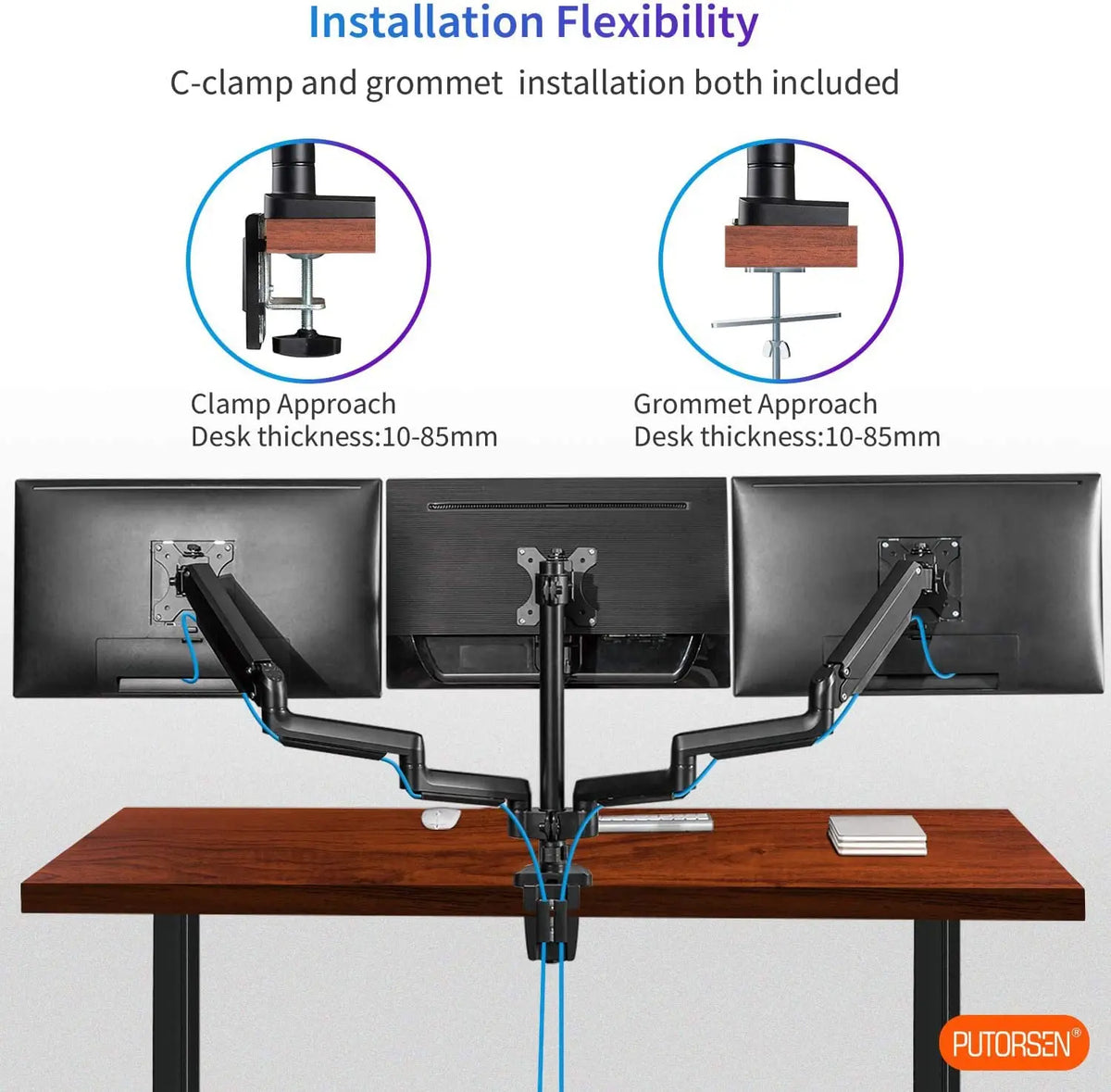 Support Moniteur 3 Écrans 17-32 Pouces - Bras Réglable En Hauteur, Pivotant Et Inclinable - Charge 9kg Par Bras
